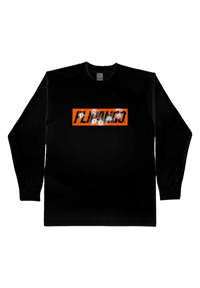 a black long - sleeve t - shirt with orange lettering