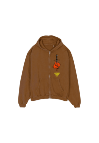 a brown hoodie with an image of a fist on it