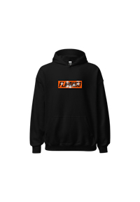 a black hoodie with an orange logo on it