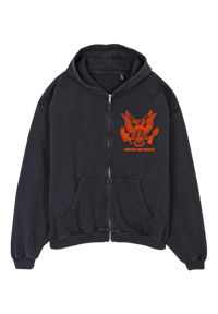a black hoodie with an orange eagle on it