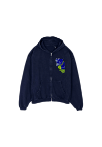 a navy hoodie with a blue and green logo on it