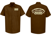 a brown work shirt with a white logo on it