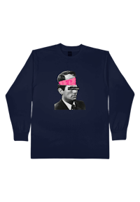 a long - sleeve tee with a picture of a man wearing a pink headband