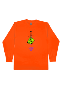 an orange long - sleeve shirt with an image of a man holding a knife