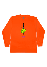 an orange long - sleeve shirt with an image of a man holding a knife