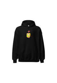 a black hoodie with an orange and yellow hoodie