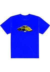 a blue t - shirt with a yellow car on it