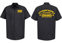 a black work shirt with yellow stars on it
