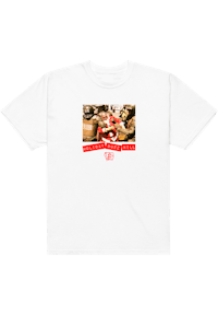 a white t - shirt with an image of a man in a red shirt