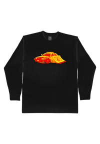 a black long sleeve t - shirt with a flame on it