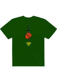 a green t - shirt with an image of a fist