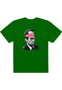 a green t - shirt with an image of a man in a suit and tie